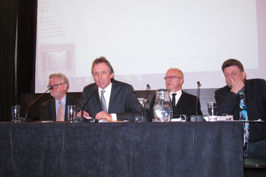 Platform at Tuesday night’s news conference at the Law Society in London. (L-R) Professor William Shabar, meeting chair Michael Fordham QC, Phil Shiner and Wolfgang Kaleck