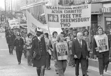 WRP leader Gerry Healy leads the Wigan Builders Action Committee march through central London in February 1975 to free the Shrewsbury Two