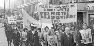 WRP leader Gerry Healy leads the Wigan Builders Action Committee march through central London in February 1975 to free the Shrewsbury Two