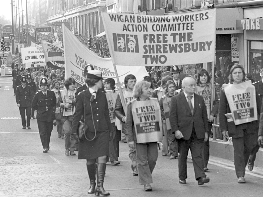 WRP leader Gerry Healy leads the Wigan Builders Action Committee march through central London in February 1975 to free the Shrewsbury Two