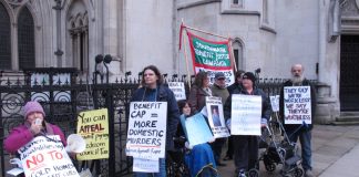 Campaigners outside the Royal Courts of Justice yesterday morning demanding ‘Axe the Bedroom Tax’