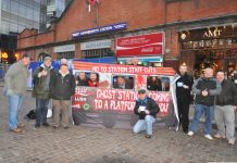 RMT and TSSA on a ‘Ghost Train’ protest in Hammersmith against the closure of every ticket office across London Underground and the sacking of 1,000 staff