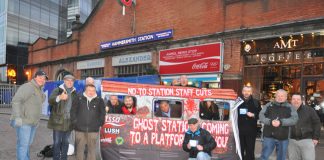 RMT and TSSA on a ‘Ghost Train’ protest in Hammersmith against the closure of every ticket office across London Underground and the sacking of 1,000 staff