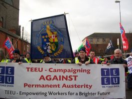 Inspired By Larkin, Irish Electrical Union Fights For Major Pay Increase Technical, Engineering and Electrical Union banner on a demonstration in Dublin against paying for the crisis of the banks