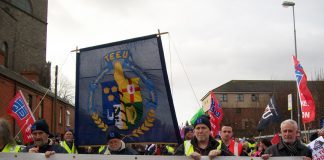 Technical, Engineering and Electrical Union banner on a demonstration in Dublin against paying for the crisis of the banks