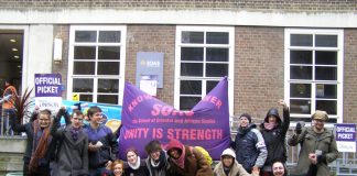 A big and enthusiastic picket line of all unions and students at SOAS in central London yesterday