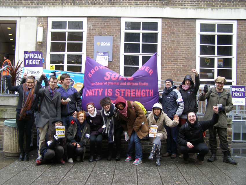 A big and enthusiastic picket line of all unions and students at SOAS in central London yesterday