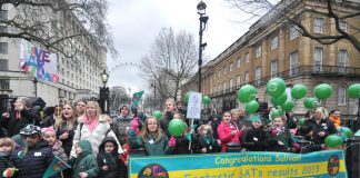 A section of the over 200-strong lobby of Downing Street by parents, pupils and teachers of Sulivan Primary School demanding that their excellent school stay open and not be demolished for a free school