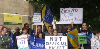 Parents, pupils and teachers from the NUT and NASUWT unite at Copland School to keep an Academy out
