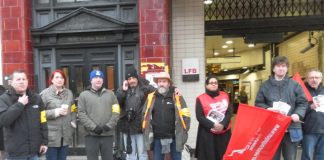 A  strong picket line at the Elephant and Castle Tube during the first 48-hour strike by the RMT and TSSA