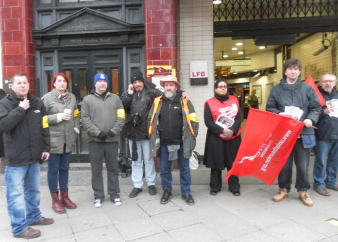 A  strong picket line at the Elephant and Castle Tube during the first 48-hour strike by the RMT and TSSA