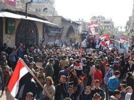 Section of the huge demonstration of Syrians in Deir Ezzor show their support for president Assad