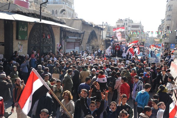 Section of the huge demonstration of Syrians in Deir Ezzor show their support for president Assad