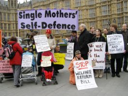 Demonstration in 2012 outside the House of Commons including mothers with children fighting against benefit cuts