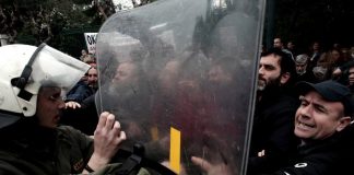Riot police attacking teachers in Athens  Photo credit: M. Lolos