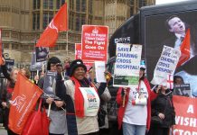 Save Charing Cross campaigners at the Unite lobby of parliament against Clause 119 of the Care Bill which gives the government sweeping powers to close hospitals without consultation