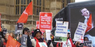 Save Charing Cross campaigners at the Unite lobby of parliament against Clause 119 of the Care Bill which gives the government sweeping powers to close hospitals without consultation