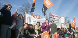 Confident GMB Medirest strikers on the second day of their seven-day strike at Ealing Hospital yesterday morning
