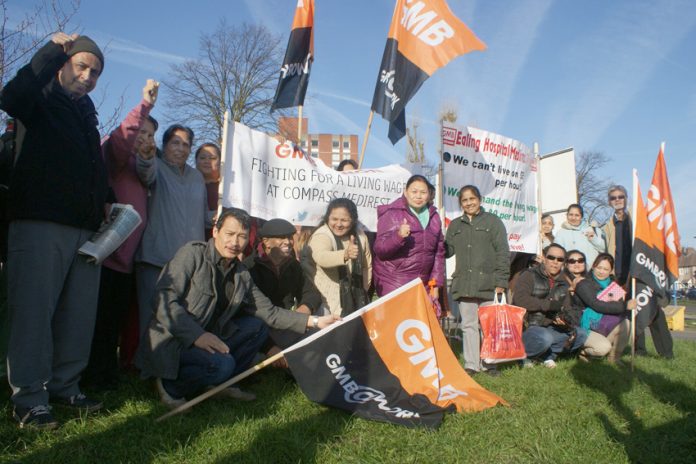 Confident GMB Medirest strikers on the second day of their seven-day strike at Ealing Hospital yesterday morning