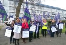 Medical secretaries demonstrate outside Crawley Hospital yesterday against outsourcing