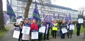 Medical secretaries demonstrate outside Crawley Hospital yesterday against outsourcing