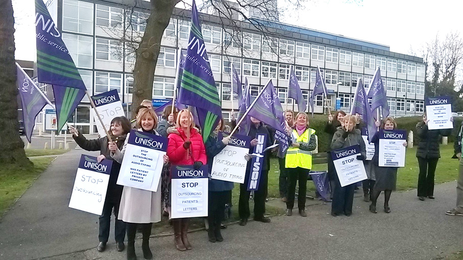 Medical secretaries demonstrate outside Crawley Hospital yesterday against outsourcing