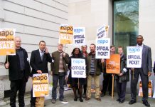 Striking probation officers and solicitors outside Westminster Magistrates Court yesterday lunchtime