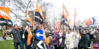 Ealing Hospital Medirest strikers on the picket line during their seven-day strike last month – they have now won a 16 per cent pay increase