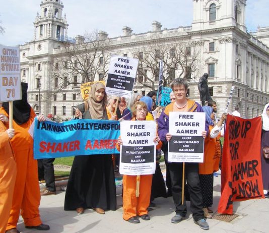 Demonstration in Parliament Square demanding the release of Shaker Aamer from Guantanamo