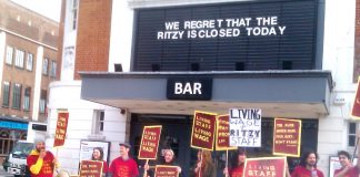 Striking Bectu members on the picket line outside the Ritzy Cinema in Brixton on Friday morning