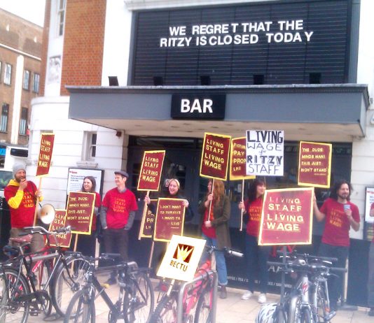 Striking Bectu members on the picket line outside the Ritzy Cinema in Brixton on Friday morning