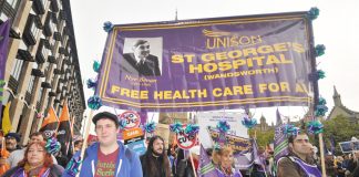 Unison healthworkers from St Georges Hospital on a TUC demonstration – they demand more staff or patients will die