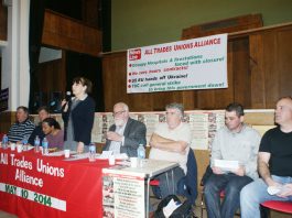The platform at Saturday’s News Line-All Trades Unions Alliance conference with SHEILA TORRANCE, Unite, opening the conference