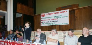 The platform at Saturday’s News Line-All Trades Unions Alliance conference with SHEILA TORRANCE, Unite, opening the conference