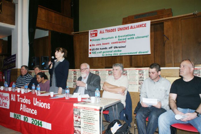 The platform at Saturday’s News Line-All Trades Unions Alliance conference with SHEILA TORRANCE, Unite, opening the conference