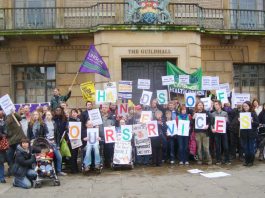 Demonstration against council cuts outside the Guildhall in Cambridge