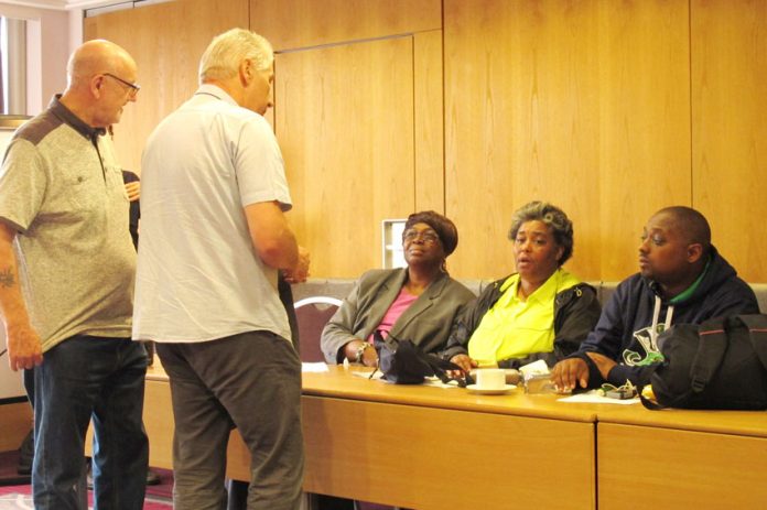 Unite members discuss with Teamsters union members at National Expresss subsidiary, Durham School Services, EVELINA MOULTRIE (South Carolina) PATRICIA CHILLIS (Illinois), and LESTER HAWTHORNE (Florida)