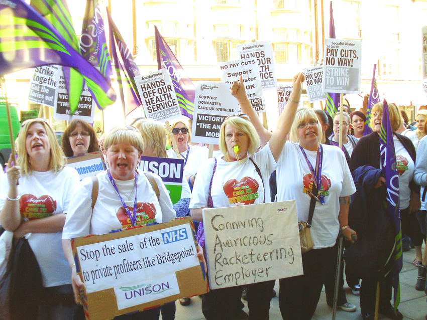 A busload of Care UK workers demonstrated on Wednesday outside Bridgepoint Capital private equity company that is seeking to slash their wages and jobs