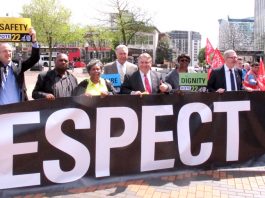 Teamsters union leader James Hoffa (centre) lobbies the National Express shareholders meeting in Birmingham along with Unite leader McCluskey