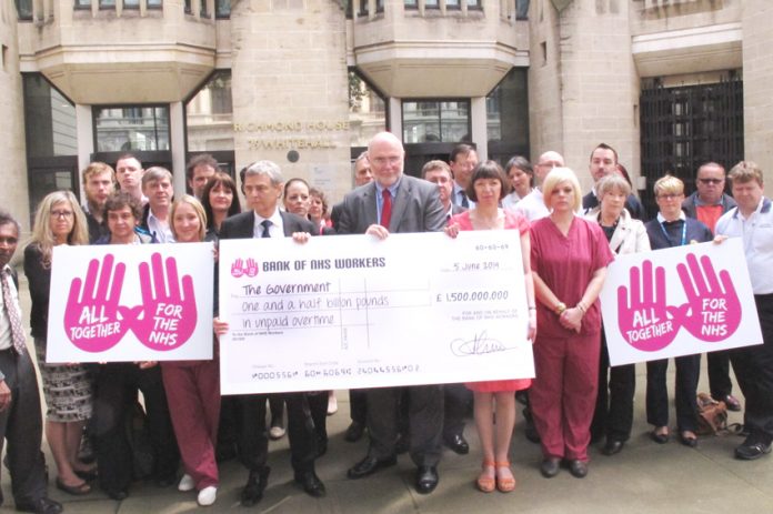 DAVE PRENTIS, BMA Chair MARK PORTER and TUC leader FRANCES O’GRADY behind the cheque for £1.5bn unpaid overtime