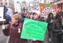 Teachers marching in London condemn the Tory coalition and Gove for their savage attacks on state education and the teachers’ unions