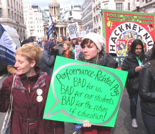 Teachers marching in London condemn the Tory coalition and Gove for their savage attacks on state education and the teachers’ unions
