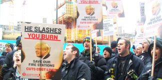 FBU members demonstrating against the station closures, staff and fire engine cuts which the London Fire Brigade presides over