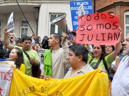 Demonstration outside the Ecuadorian Embassy where whistleblower Julian Assange is sheltering from the British state