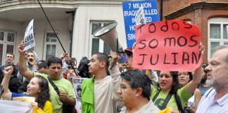 Demonstration outside the Ecuadorian Embassy where whistleblower Julian Assange is sheltering from the British state