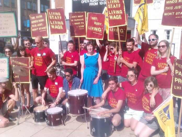 Ritzy cinema strikers were joined yesterday afternoon by TUC general Secretary FRANCES O’GRADY who also welcomed the Young Socialists March for Jobs starting on August 19th to the TUC Congress in Liverpool