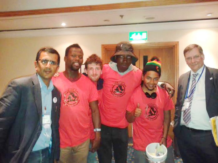 DR BOB GILL (left) and DR DAVID WRIGLEY (right) with Young Socialists campaigning for their March for Jobs