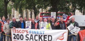 Sacked Tesco drivers protesting at their unfair dismissal at the Tesco AGM yesterday in London