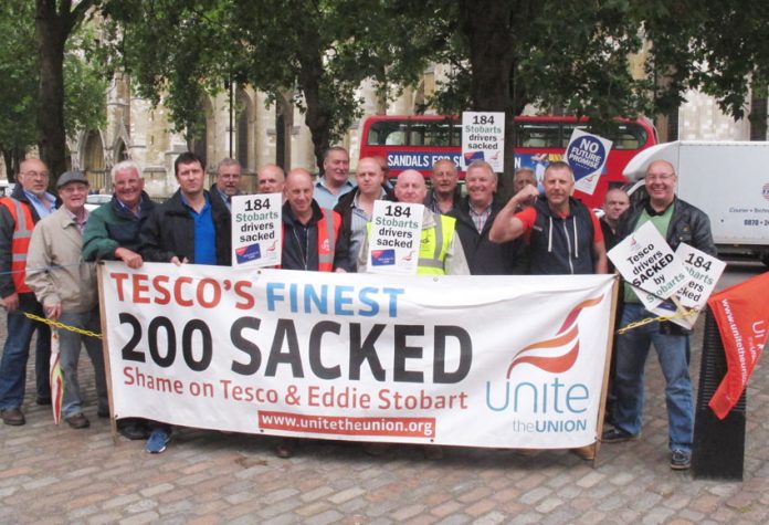 Sacked Tesco drivers protesting at their unfair dismissal at the Tesco AGM yesterday in London