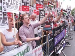 ISRAEL IS A TERROR STATE! – boycott Israel say protesters A section of Saturday’s 3,000-strong demonstration outside the Israeli embassy in London